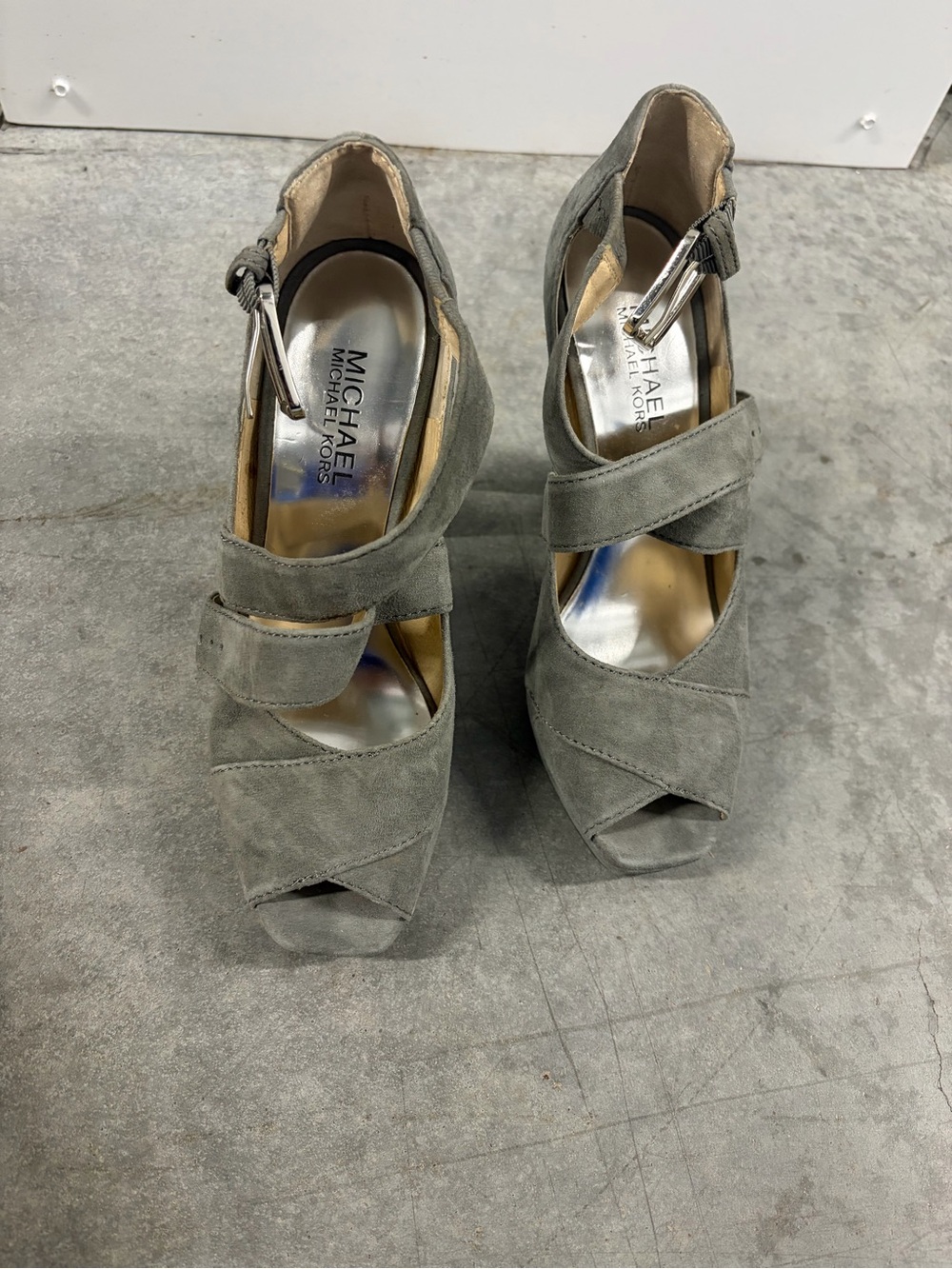 Michael Kors Olive Gray Suede Crisscross Peep-Toe Heels